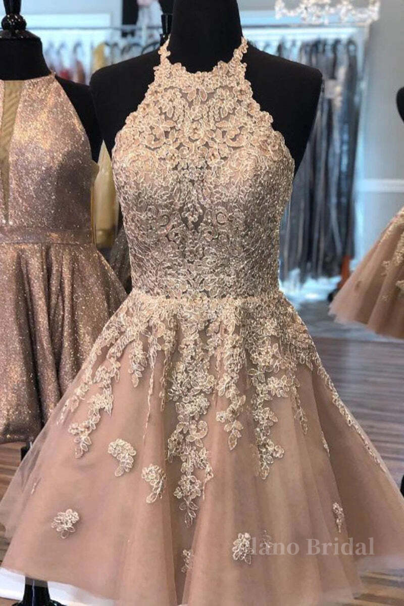 Halter Neck Short Champagne Lace Prom Dress, Champagne Lace Formal Graduation Homecoming Dress