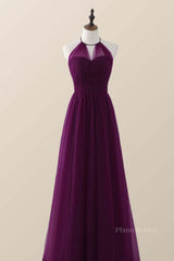 Halter Purple Tulle Long Bridesmaid Dress