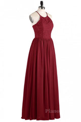 Halter Wine Red Lace and Chiffon Long Bridesmaid Dress
