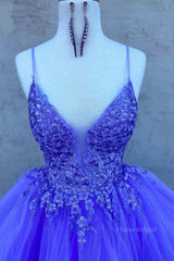 High Low V Neck Purple Lace Long Prom Dress, Lilac Lace Formal Dress, Purple Evening Dress
