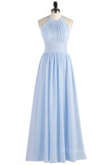 High Neck Light Blue Chiffon Empire Long Bridesmaid Dress