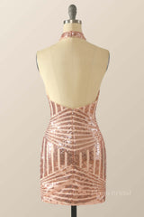 High Neck Rose Gold Sequin Tight Mini Dress