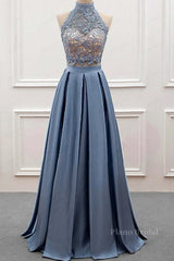 High Neck Two Pieces Blue Lace Long Prom Dress, 2 Pieces Blue Lace Formal Dress, Blue Evening Dress