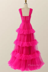 Hot Pink Corset Tiered Layers Long Dress