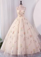 Ivory Floral Tulle Ball Gown Straps Sweet 16 Dress, Ivory Long Party Dress Formal Dress