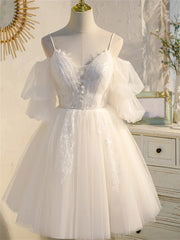 Ivory Spaghetti Strap V-neck Lace Homecoming Dress, Tulle Short Prom Dress
