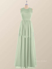 Jewel Neck Sage Green Chiffon Long Bridesmaid Dress