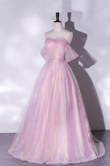 Pink Tulle Sequins Long Prom Dress, A-Line Formal Graduation Dress