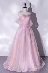 Pink Tulle Sequins Long Prom Dress, A-Line Formal Graduation Dress