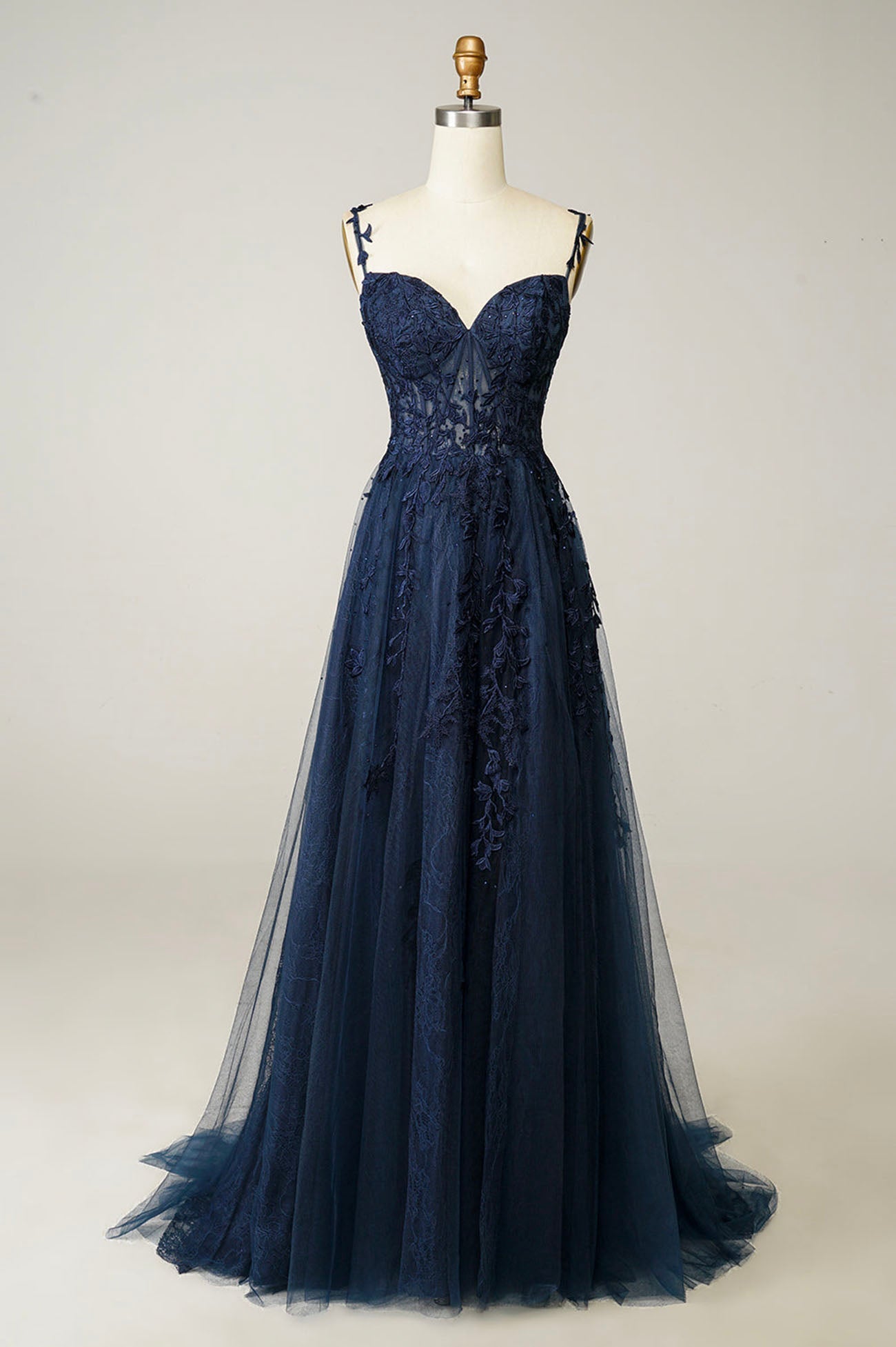 Navy Tulle and Lace Long Prom Dress, Lovely Spaghetti Strap Evening Dress