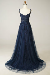 Navy Tulle and Lace Long Prom Dress, Lovely Spaghetti Strap Evening Dress