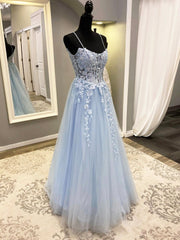Blue Spaghetti Strap Tulle Long Prom Dress with Lace, A-Line Evening Party Dress