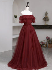 Burgundy Tulle Floor Length Prom Dress, Simple A-Line Evening Party Dress
