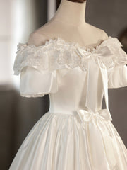 White Satin Lace Short Prom Dress, Off Shoulder Evening Dress, Wedding Dress