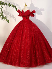 Red Tulle Long A-Line Ball Gown, Red Off Shoulder Formal Dress