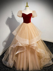 Cute Velvet Tulle Long Prom Dress, A-Line Short Sleeve Formal Dress