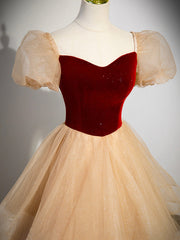 Cute Velvet Tulle Long Prom Dress, A-Line Short Sleeve Formal Dress