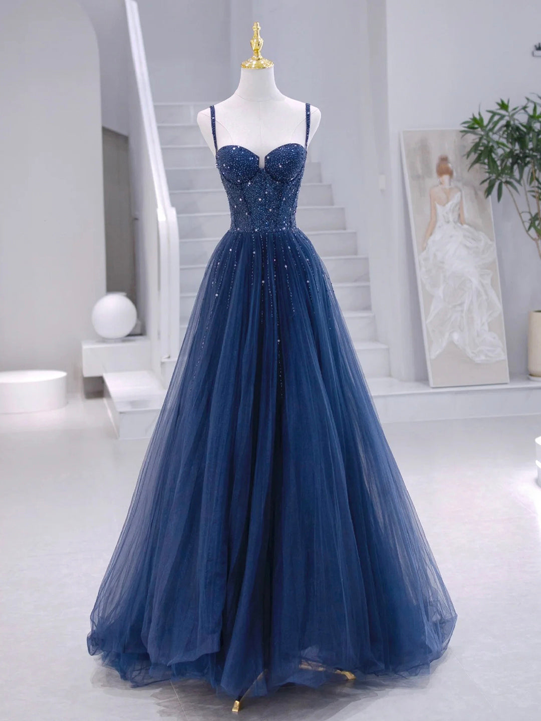 Blue Tulle Beaded Long Formal Dress, Blue Evening Dress