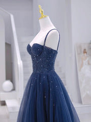 Blue Tulle Beaded Long Formal Dress, Blue Evening Dress