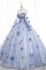 Blue Tulle Long Sleeve Prom Dress, A-Line Off the Shoulder Evening Gown