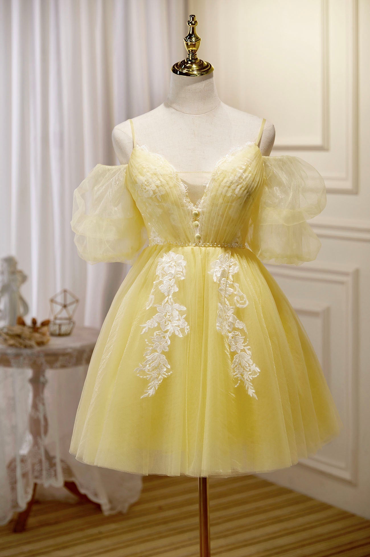 Yellow Lace Short Prom Dress, Off the Shoulder Homecoming Dress