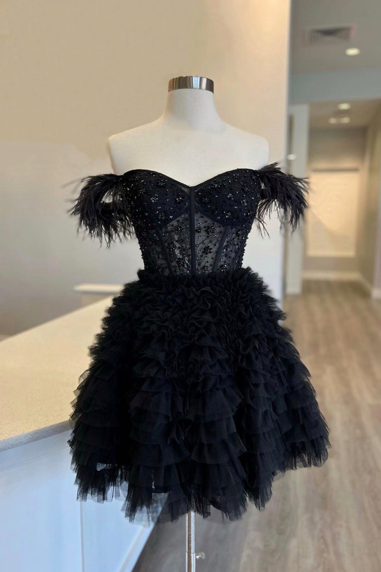 Black Tulle Knee Length Prom Dress, Black Off Shoulder Evening Dress
