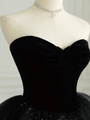 Black Strapless Tulle Formal Dress with Velvet, A-Line Sweetheart Neck Long Prom Dress