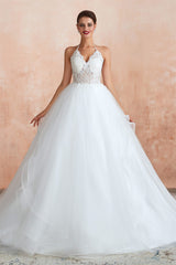 Lace Halter See-through Multi-Layers White Wedding Dresses with Open Back