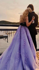 Lavender Applique Tulle Long Prom Dresses, Purple Lace Graduation Dresses Formal Gown