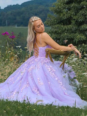 Lavender Applique Tulle Long Prom Dresses, Purple Lace Graduation Dresses Formal Gown