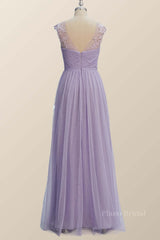 Lavender Illusion Scoop Lace Appliques A-line Bridesmaid Dress