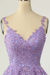 Lavender Lace Appliques Princess A-line Short Prom Dress