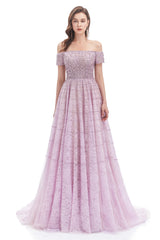 Lavender Lace Off the Shoulder Beaded Sequins Sweep-Train A-Line Prom Dresses