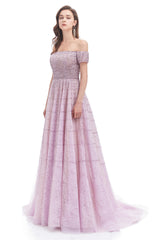 Lavender Lace Off the Shoulder Beaded Sequins Sweep-Train A-Line Prom Dresses