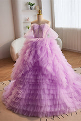 Lavender Off-Shoulder A-line Multi-Layers  Long Prom Dress