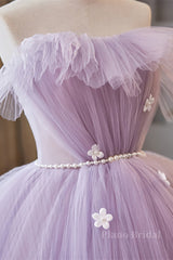 Lavender Ruffled Strapless Floral Applique Long Prom Dress with Pearl Sash
