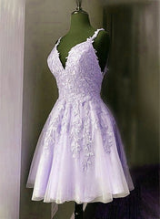 Lavender Tulle Short Straps Party Dress Homecoming Dress, Tulle Short Prom Dress