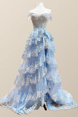 Off the Shoulder Light Blue Appliques Tiered Formal Gown