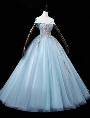 Light Blue Off Shoulder Flowers Tulle Long Party Dress, Light Blue Sweet 16 Dress