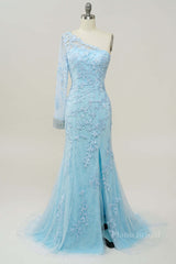 Light Blue One Shoulder Appliques Mermaid Long Prom Dress with Slit
