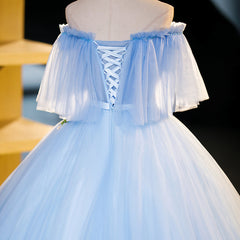 Light Blue Tulle Off Shoulder with Lace Applique Prom Dress, Blue Long Party Dress