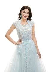 Light Blue Tulle Sequins Appliques Cap Sleeve Prom Dresses