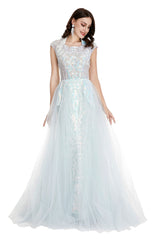 Light Blue Tulle Sequins Appliques Cap Sleeve Prom Dresses