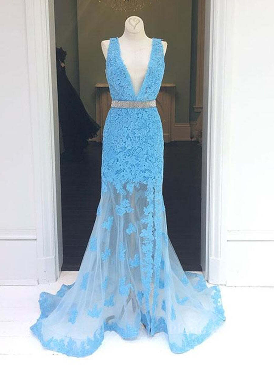 Light Blue V Neck Mermaid Lace Applique Long Prom Dresses, Lace Blue Formal Dresses, Evening Dresses