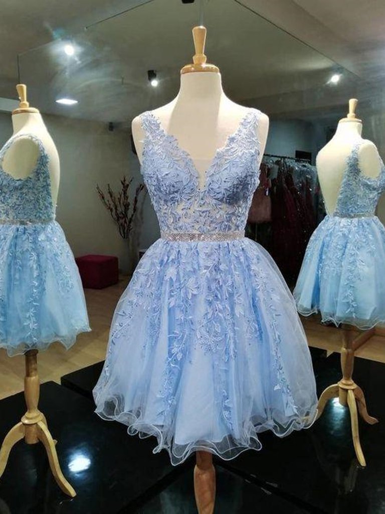 Light Blue V-neckline Knee Length Short Party Dress, Blue Homecoming Dresses
