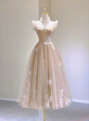 Light Champagne Tea Length Tulle Party Dress, Champagne Lace Homecoming Dress