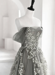 Light Grey A-line Tulle Long Formal Dress, Grey Tulle with Lace Applique Party Dress