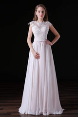 Light Pink Chiffon Wedding Dresses with veil Lace Appliques Top Short Sleeve