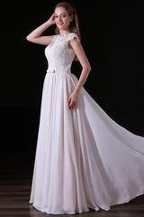 Light Pink Chiffon Wedding Dresses with veil Lace Appliques Top Short Sleeve