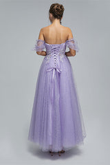 Light Purple Lace And Sequins Tulle Off The Shoulder Floor Length Dresses